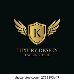 Diseño de logotipo de lujo refinado con escudo dorado con letra k y alas en