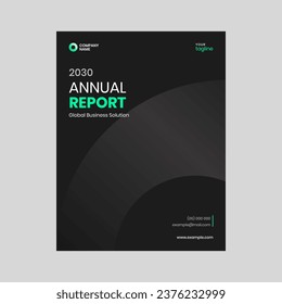 Refined and modern annual report cover page design template for a company booklet, featuring an elegant dark circular accent. This design is perfect for presenting your company's achievements.