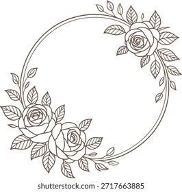 Un borde ovalado refinado con hermosas rosas de contorno y follaje, perfecto para invitaciones, saludos o Elementos decorativos.