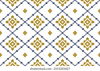 A refined pixel pattern of golden diamonds and navy lines, perfect for modern textiles, digital art, or minimalist home decor.