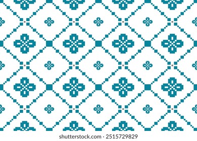 A refined pixelated pattern featuring teal floral motifs and geometric shapes. This clean, symmetrical design is perfect for modern textiles, digital art, or elegant home decor projects.