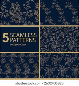 A refined and regal bundle of seamless damask botanical floral patterns in luxury blue and gold tones, offered in five elegant design variations for upscale creative projects.