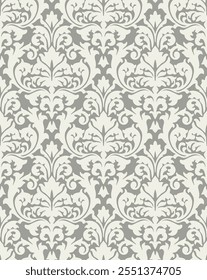 Refined seamless damask design in soft gray tones featuring detailed floral and ornamental symmetry.