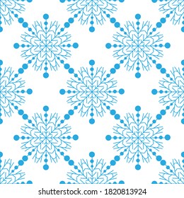 
Patrón refinado y sin fisuras de copos de nieve azules sobre un fondo blanco. Elementos decorativos de invierno, diseño plano para tarjetas, papel envolvente, tela, papel pintado y más. Ilustración vectorial de acciones
