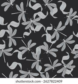 A refined seamless pattern featuring detailed, hand-drawn dragonflies in flight paired with elegant, curving leaf motifs.