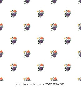A refined seamless pattern showcasing small, colorful floral bouquets arranged neatly on a pristine white background. Perfect for textile designs, wallpapers, or elegant wrapping paper.