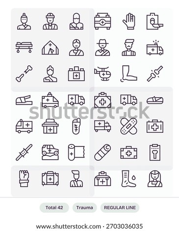 A refined set of 42 Regular Line icons echoing Trauma, suitable for light and dark themes.