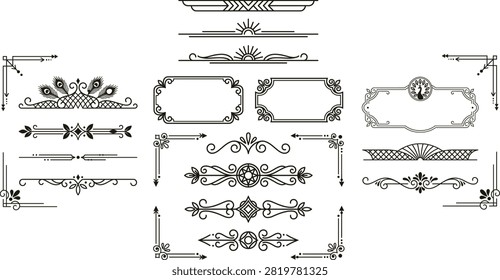 Refined set of classical frames and detailed text dividers featuring floral and avian motifs for luxury stationery.