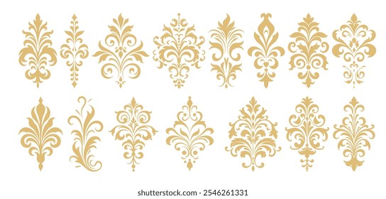 A refined set of golden ornamental patterns featuring intricate designs, perfect for luxury, vintage, and elegant decorative projects.