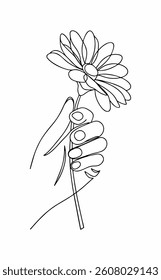 Refined Single Line Hand Flower. Elegant continuous line illustration of a hand holding a flower.