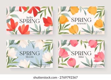 Refined spring banners with red poppy flowers,yellow tulips,white magnolia,pink roses,green foliage.Elegant botanical illustrations with blooming floral elements for invitations,branding,spring promos