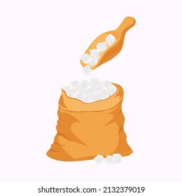 Refined sugar. Bag, scoop with sugar. Vector drawing in a flat style. White background.