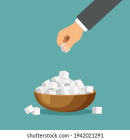 Refined sugar in a bowl. Hand takes cube of sugar. Baking and cooking ingredient. Vector food in a trendy flat design isolated on blue background.