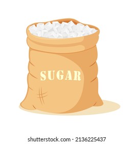 Refined sugar cubes in an open canvas bag. Packing of sweet crystals.