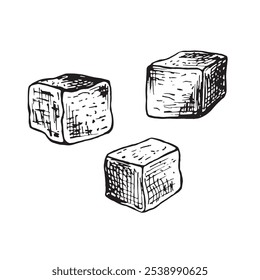 Refined sugar cubes. Set sketches. Vector graphic illustration, hand drawn isolated. Black and white drawin of sweet product. Seasoning for cooking, ingredient for jam, candy. Clipart for food design.