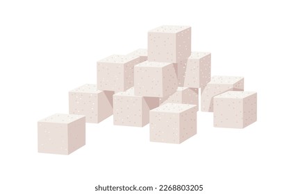 Refined sugar pieces, stacked cube blocks. Sweet ingredient pile, sweetening lumps heap. Flat cartoon vector illustration isolated on white background