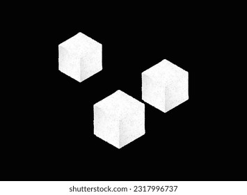 Refined sugar. Three cubes of white sugar. Realistic vector illustration isolated on black background.
