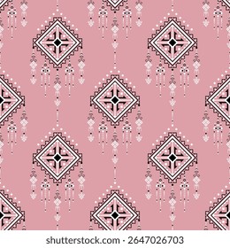 Refined tribal diamonds with trailing elements on dusty rose background. Inspired by traditional weaving but styled for modern textile use.