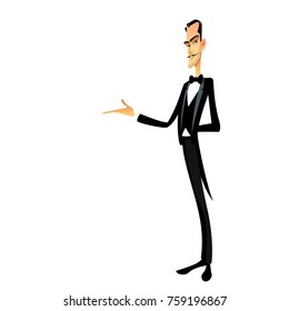 Refined tuxedo man presenting something with their hands up. Isolated white background.