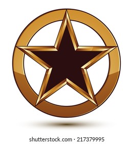 Refined vector black star emblem with golden outline, 3d pentagonal design element, clear EPS 8. 3d golden ring, polished glossy signet.