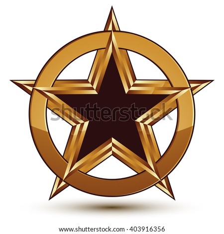 Refined vector black star emblem with golden outline, 3d pentagonal design element. 3d golden ring, polished glossy signet.