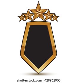 Refined vector emblem with five golden stars, 3d festive design shield element, clear EPS 8.