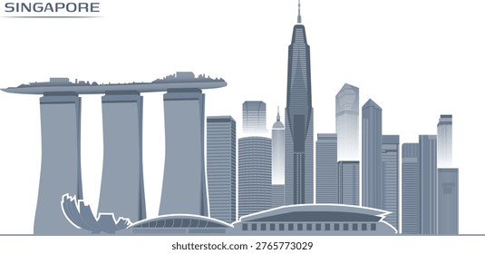 Refined vector illustration of Singapore skyline with layered depth and soft gradients. Highlights Marina Bay Sands alongside contemporary skyscrapers, delivering a polished, corporate-friendly aesthetic suitable for presentations, travel promotions, and high-end editorial use.
