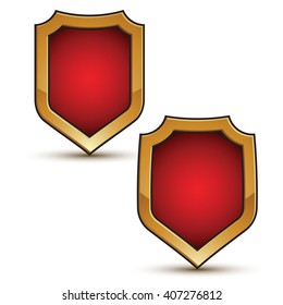 Refined vector red shield shape emblems with golden borders, 3d polygonal design elements