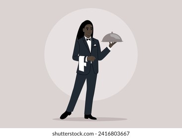 A refined waiter, donned in a sleek black tuxedo with a napkin draped over their hand, gracefully serves a dish covered with a metal cloche