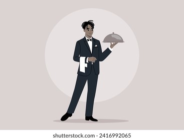 A refined waiter, donned in a sleek black tuxedo with a napkin draped over their hand, gracefully serves a dish covered with a metal cloche