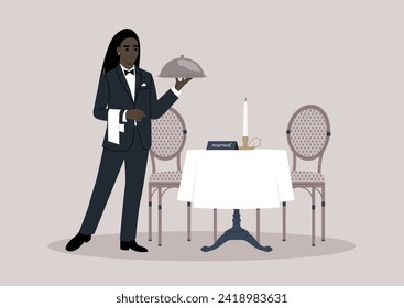 A refined waiter, donned in a sleek black tuxedo with a napkin draped over their hand, gracefully serves a dish covered with a metal cloche