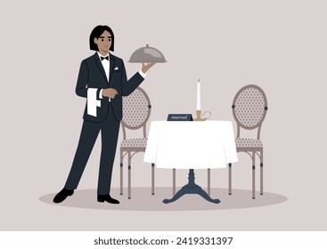 A refined waiter, donned in a sleek black tuxedo with a napkin draped over their hand, gracefully serves a dish covered with a metal cloche