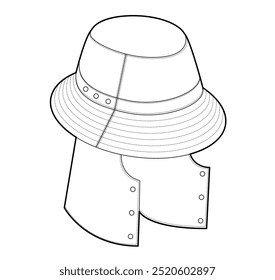 Refined Weatherproof Modular Bucket Hat. Summer Head Fashion accessory cap clothing technical illustration. Vector headgear for Men, women style, flat template CAD mockup sketch outline isolated