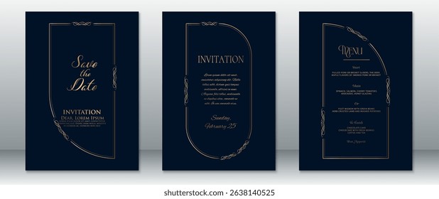 Refined wedding invitation set featuring a deep navy background and classic gold flourishes. Includes Save the Date, formal invitation, and menu card designs — ideal for luxurious evening wedding