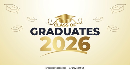 Refined white and gold Class of 2026 graduation banner featuring minimal line decorations and clean typography