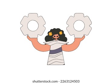 Refined woman holds gears in her hands. Idea theme.