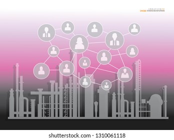 refineries and power plants with man network .Power factory concept. vector illustration.