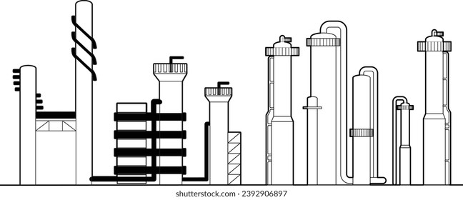 Refinery drawing showing crude oil distillation and gas processing units with vessels, columns, piping, and catwalk