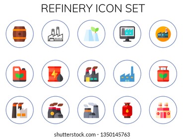 refinery icon set. 15 flat refinery icons.  Collection Of - barrel, gasoline, factory, oil, industry, gas, chimney, nuclear plant