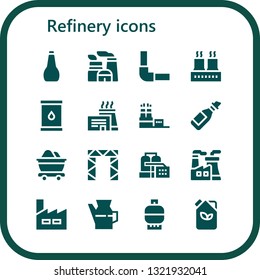 refinery icon set. 16 filled refinery icons.  Simple modern icons about  - Oil, Nuclear plant, Pipeline, Factory, Mine, Rigging, Gas, Fuel