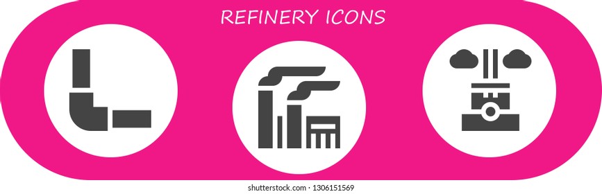 refinery icon set. 3 filled refinery icons.  Collection Of - Pipeline, Factory, Chimney