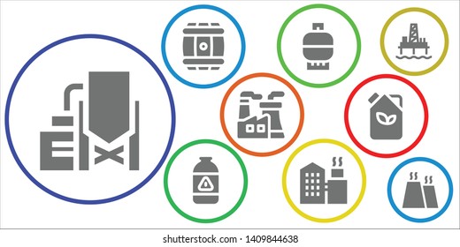 Refinery Icon Set. 9 Filled Refinery Icons.  Simple Modern Icons About  - Reservoir, Barrel, Gas, Factory, Nuclear Plant, Fuel, Oil Pump