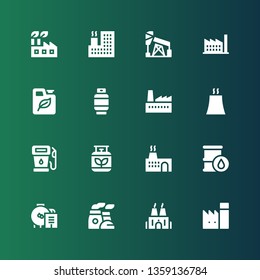 refinery icon set. Collection of 16 filled refinery icons included Factory, Chimney, Oil, Gas, Nuclear plant, Fuel