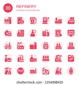 refinery icon set. Collection of 30 filled refinery icons included Factory, Oil, Gas, Fuel, Eco factory, Chimney, Nuclear plant, Tnt