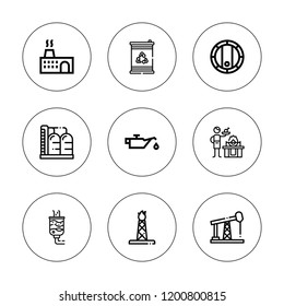 Refinery icon set. collection of 9 outline refinery icons with barrel, factory, gas, oil pump, oil, refinery icons. editable icons.