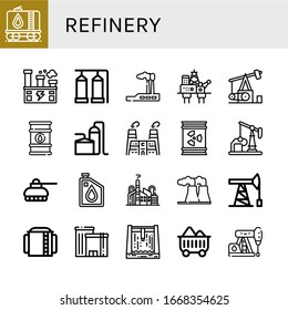 Raffineriesymbol-Set. Sammlung von Tank, Fabrik, Lagertank, Industrie, Ölbohrinsel, Pumpjack, Ölfass, Barrel, Ölbrunnen, Kraftwerk, Pumpe, Damm, Kohle, Ikonen aus der Erdölverarbeitung