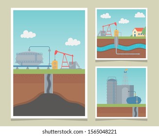 refinery industry process exploration fracking cards vector illustration
