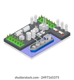 Refinery ocean platform isometric illustrated on background