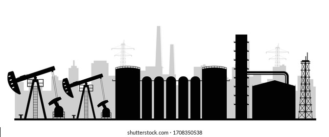 Refinery plant black silhouette vector illustration. Industrial gas extraction facility monochrome landscape. Onshore oil rig 2d cartoon shape with pumps and tanks. Natural resources exploitation