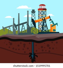 Refinery plant cutaway flat vector illustration. Crude oil extraction equipment. Drilling rig, oilfield cross section. Fossil resources, raw material mining industry. Heavy machinery, pumpjack